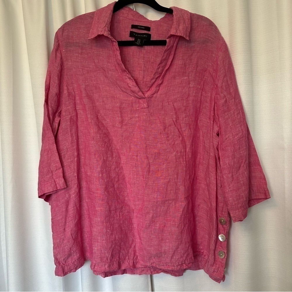 Tahari Women Linen V Neck Popover Top Sz 1X Pink 3/4 Sleeve Side Button Coastal